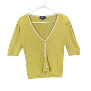 ModCloth‎ Yellow Knit Cropped Cardigan Sweater Puff Sleeve Button Womens Large